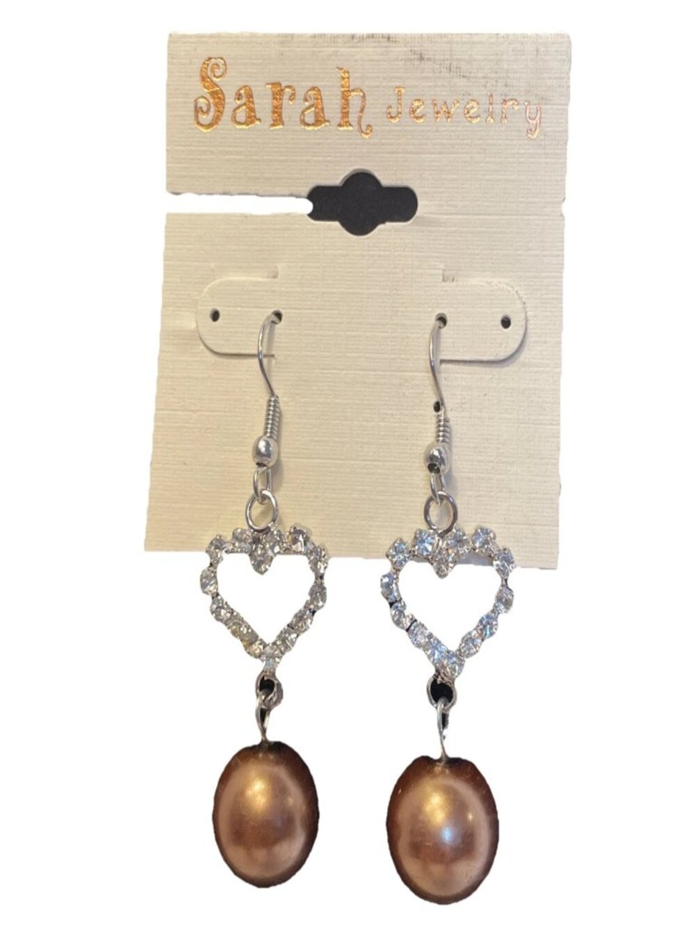Sarah Jewelry Brown Ball Sparkle Heart Dangle Earrings Silver Tone Rhinestones